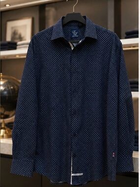English Laundry Men’s Navy Geometric Print Dress Shirt — Size XL